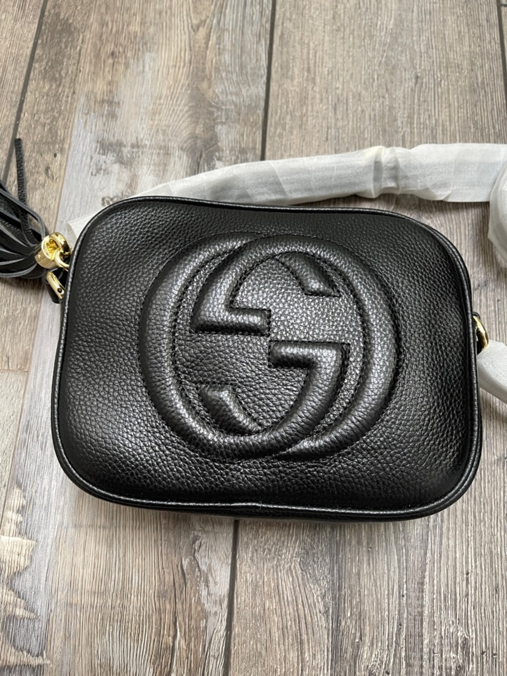 Black Pebbled Leather GG Disco Gold Tassel Crossbody Bag Women New Never Worn